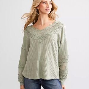 Daytrip Sage Green Lace Trim Waffle Knit Top Women's Medium boho cottage dainty